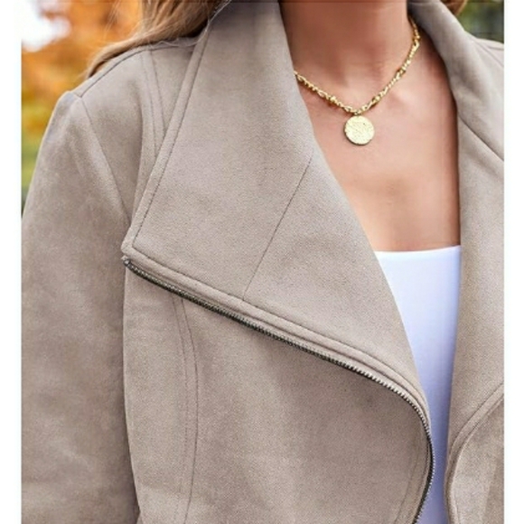 Women Faux Leather Cropped Open Front Coat Cardigan Style Jacket Tan - Picture 4 of 6